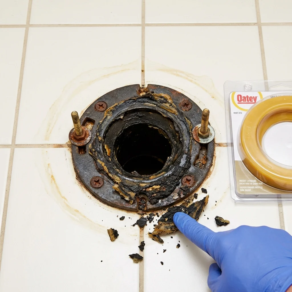 Failed wax ring showing water seepage at the base of a toilet in a Palmyra, MO home