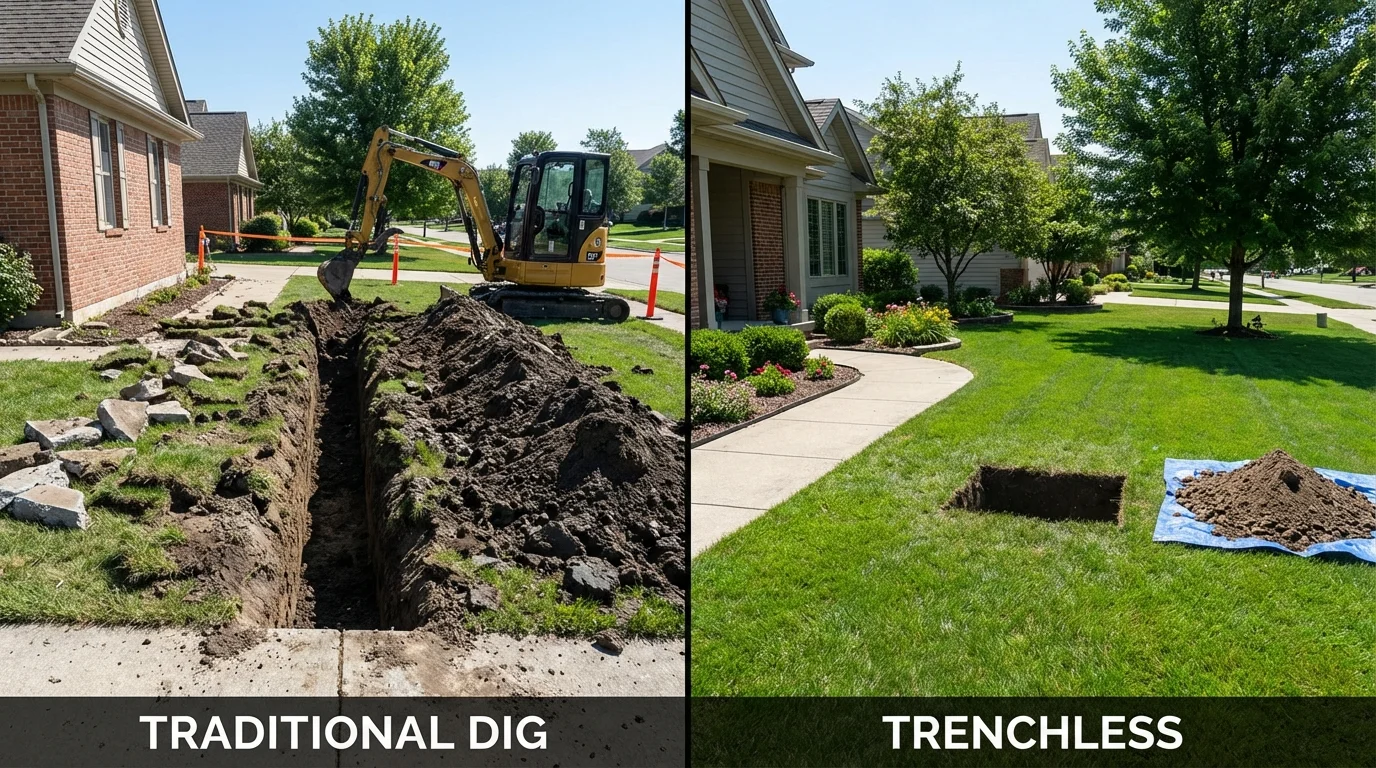 Trenchless sewer repair with minimal yard damage versus traditional excavation in Palmyra, MO