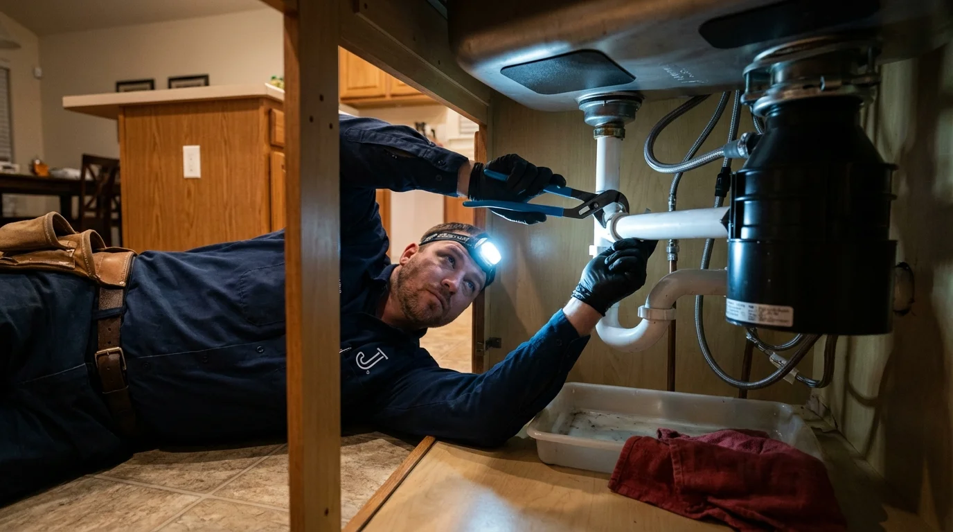 P-trap and supply line connections under a kitchen sink showing a common leak point in Palmyra, MO